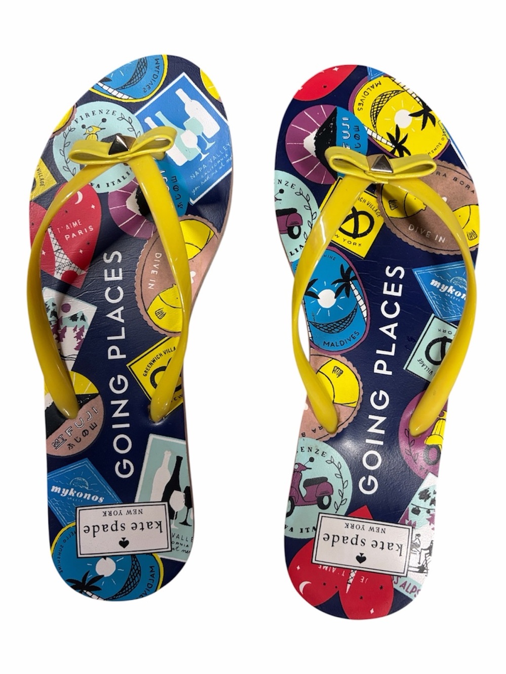 kate spade Yellow Strap Flip Flops with Colorful Travel Badge Print